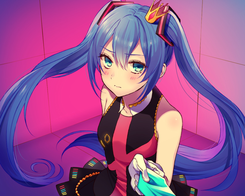 1girl bangs bare_shoulders black_dress blue_hair blue_neckwear blush breasts chisumi closed_mouth collarbone commentary_request crown dress eyebrows_visible_through_hair gloves green_eyes hair_between_eyes hair_ornament hatsune_miku kimagure_mercy_(vocaloid) long_hair looking_at_viewer mini_crown necktie necktie_grab neckwear_grab pleated_dress sidelocks sleeveless sleeveless_dress small_breasts solo tilted_headwear twintails very_long_hair vocaloid white_gloves