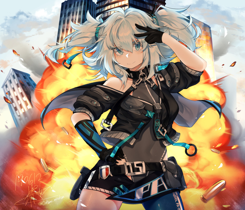 1girl absurdres bangs bare_shoulders black_leotard blue_eyes blue_hair blue_legwear blush breasts cityscape covered_navel cowboy_shot day explosion floating_hair girls_frontline gloves groin hair_between_eyes hair_ornament hand_on_hip hand_up heart heart-shaped_pupils highres leotard looking_at_viewer medium_hair ookamimiru outdoors pa-15_(girls_frontline) sidelocks silver_hair single_leg_pantyhose small_breasts smile standing symbol-shaped_pupils v wind