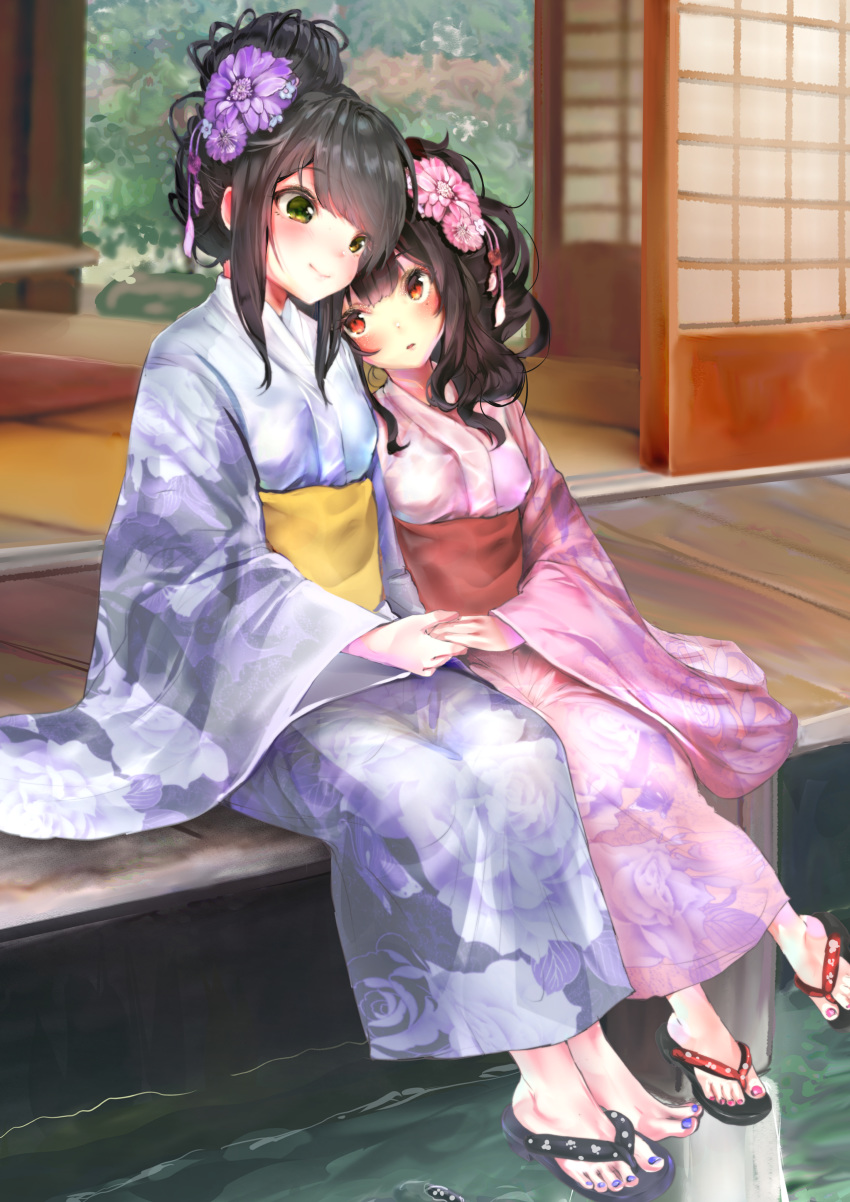 2girls absurdres black_hair blue_kimono blue_nails blush day floral_print flower green_eyes hair_bun hair_flower hair_ornament hair_up head_on_shoulder highres holding_hands japanese_clothes kimono looking_at_another multiple_girls original outdoors pink_nails porch rasukii_(pamiton) red_eyes sandals short_hair sidelocks sitting sliding_doors smile toenail_polish water wide_sleeves yukata yuri