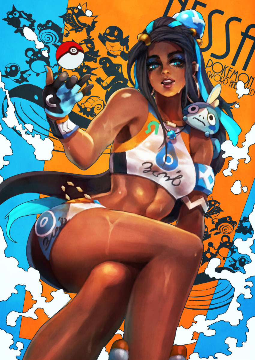 1girl absurdres black_hair blue_eyes blue_hair breasts commentary crossed_legs dark_skin earrings english_commentary eyelashes eyeshadow gloves gym_leader hair_bun highres hoop_earrings jewelry lips lipstick long_hair looking_at_viewer makeup monori_rogue multicolored_hair parted_lips partly_fingerless_gloves pendant pokemon pokemon_(creature) pokemon_(game) pokemon_swsh rurina_(pokemon) shorts single_glove sitting small_breasts solo swimsuit tankini toned wet