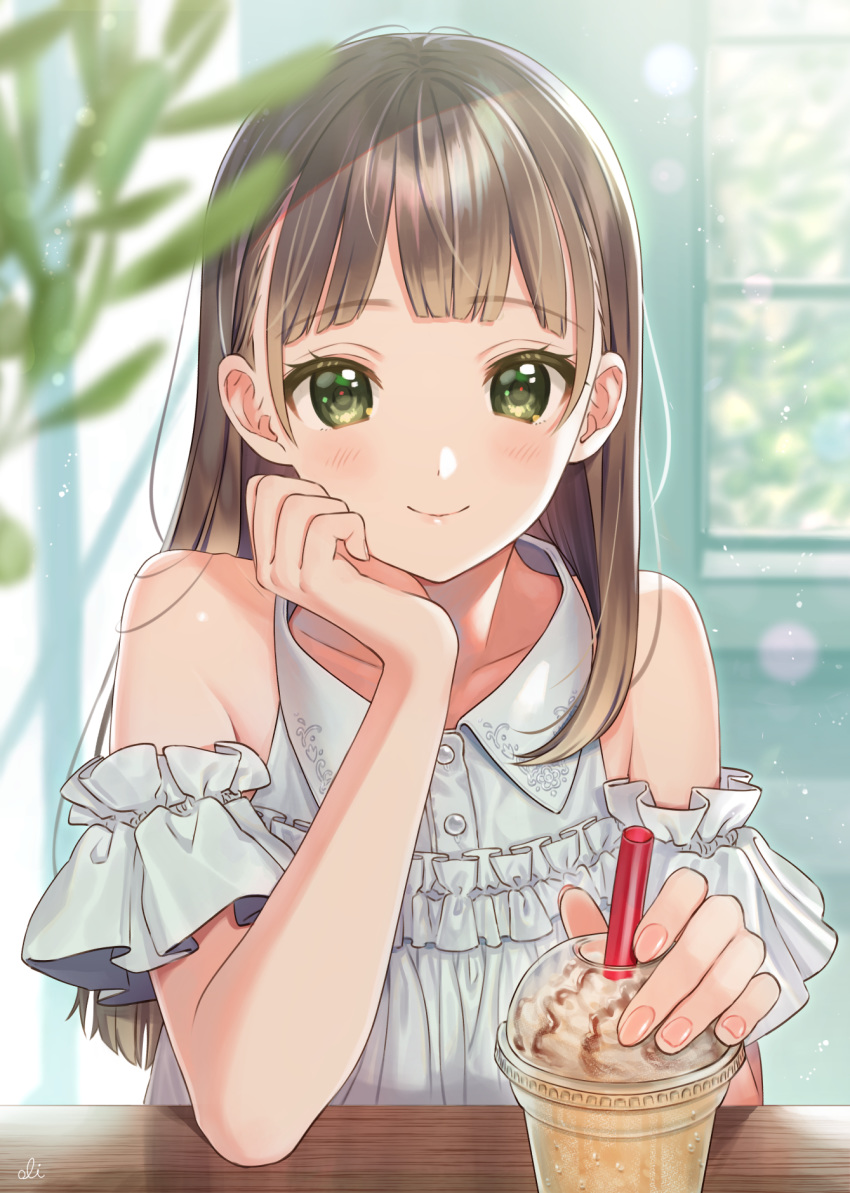 1girl arm_garter artist_name bangs bare_shoulders blunt_bangs blush brown_hair buttons closed_mouth collarbone collared_shirt commentary cup day drinking_straw eyebrows_visible_through_hair eyelashes fingernails frilled_shirt frills green_eyes hand_on_own_cheek head_rest highres holding holding_cup indoors leaf lens_flare long_hair looking_at_viewer milkshake nail_polish oli original pink_nails shirt sitting sleeveless sleeveless_shirt smile solo table upper_body white_shirt wing_collar