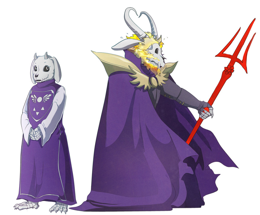 alternate_species animated_skeleton asgore_dreemurr beard bone crown duo facial_hair horn jazzycat long_ears melee_weapon polearm simple_background skeleton toriel trident undead undertale video_games weapon white_background