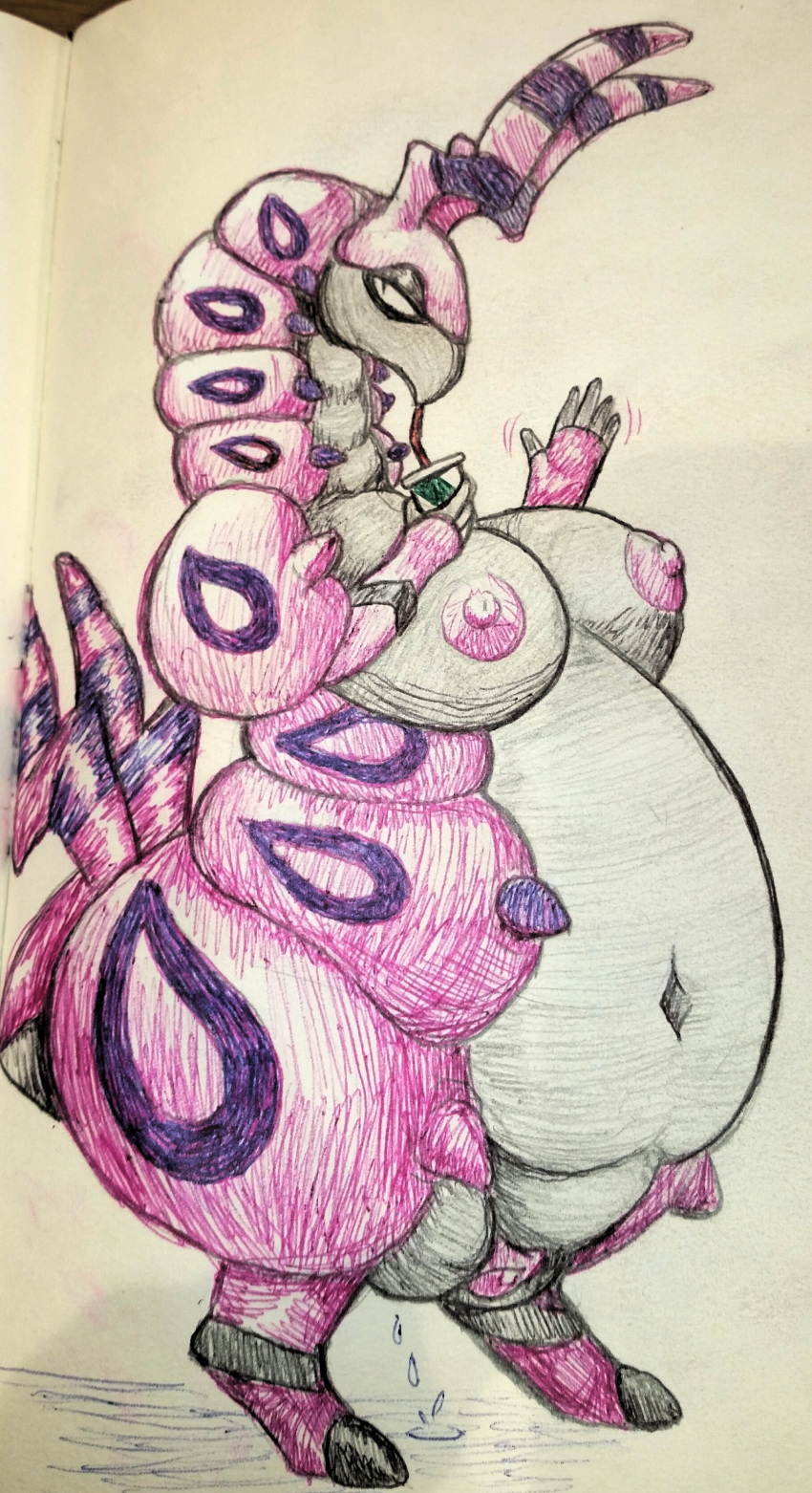 absurd_res anthro arthropod belly big_belly big_clitoris clitoris deep_navel drinking dripping_pussy erect_nipples female gesture hi_res horn hyper hyper_pussy insect navel nintendo nipples nude obese obese_female overweight overweight_female pok&eacute;mon pok&eacute;mon_(species) puffy_nipples pussy scolipede sketch solo standing traditional_media_(artwork) video_games waving ヤギ