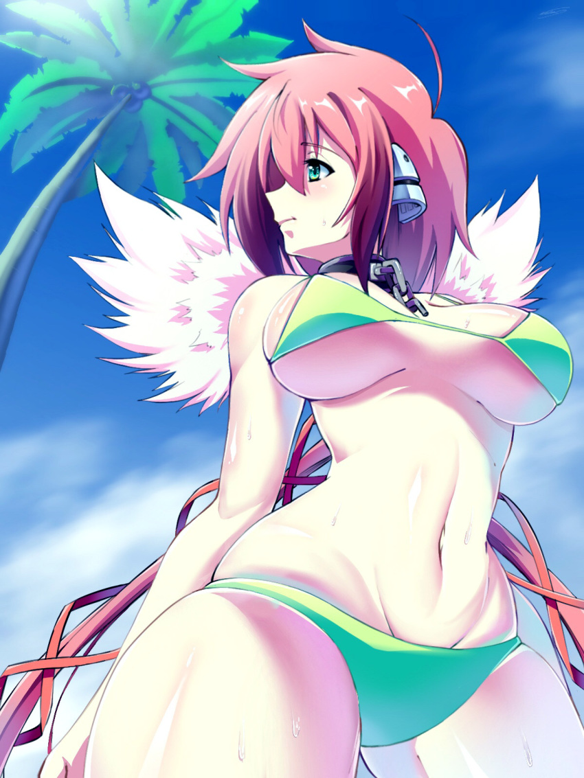 1girl ahoge arms_behind_back bangs bare_shoulders bikini blue_sky breasts breasts_apart broken broken_chain brown_hair chain closed_mouth cloud cloudy_sky collar day expressionless eyebrows_visible_through_hair from_below gradient_hair green_bikini green_eyes groin hair_between_eyes hair_ribbon headgear highres ikamochi_kalong ikaros large_breasts long_hair looking_to_the_side low_twintails metal_collar multicolored_hair navel outdoors palm_tree pink_hair profile red_ribbon ribbon shiny shiny_hair shiny_skin sidelocks skindentation sky sora_no_otoshimono standing sweat swimsuit thick_thighs thighs tree twintails underboob very_long_hair wide_hips wings