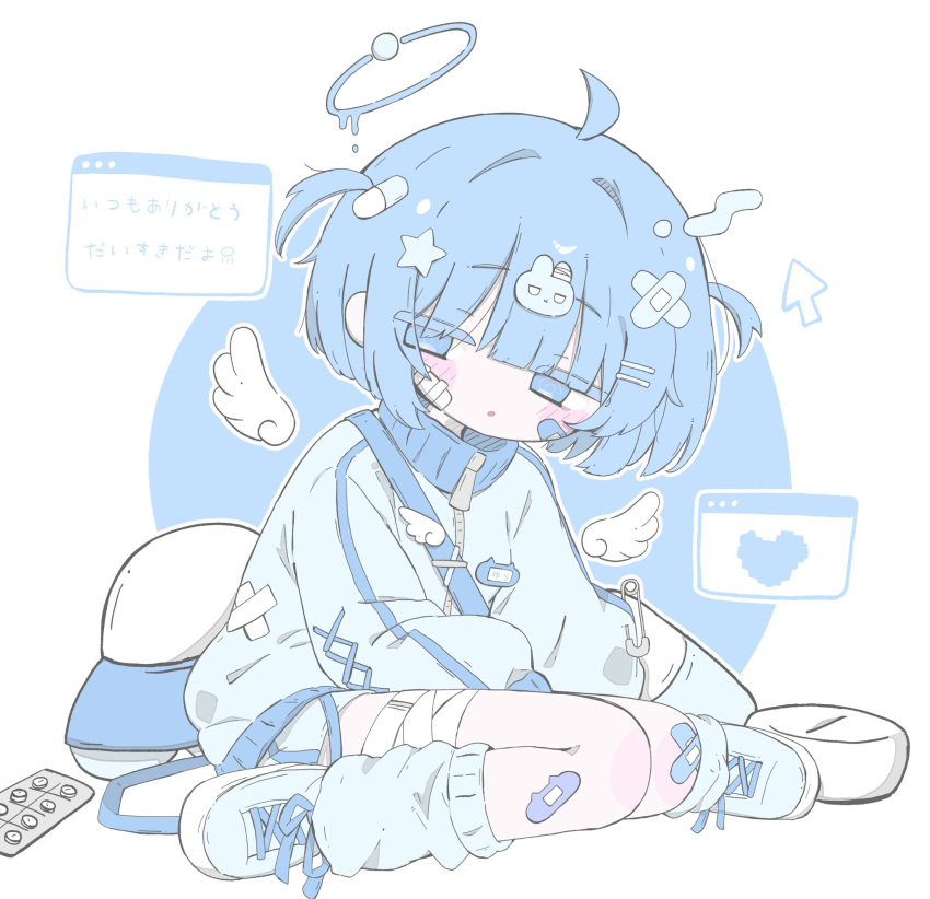 1girl :o @_@ ahoge angel bad_id bad_twitter_id bandaged_leg bandages bandaid bandaid_hair_ornament bandaid_on_cheek bandaid_on_face bandaid_on_knee bandaid_on_leg blister_pack blue_eyes blue_hair blue_halo blue_jacket blue_leg_warmers blue_shoes blue_shorts blue_track_suit blush_stickers colored_eyelashes detached_wings full_body gauze gauze_on_cheek hair_ornament halo hat highres izumi_(yura_izumi) jacket leg_warmers long_sleeves melting_halo no_pupils original pill_hair_ornament rabbit_hair_ornament shoes short_hair short_twintails shorts sitting solo star_(symbol) star_hair_ornament track_jacket track_suit translation_request twintails unworn_hat unworn_headwear white_wings window_(computing) wings zipper