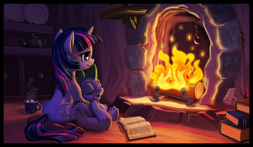 2019 book cutie_mark detailed_background dragon duo equid female feral fire fireplace friendship_is_magic hair harwick hi_res horn hug inside mammal my_little_pony scalie sleeping spike_(mlp) twilight_sparkle_(mlp) unicorn