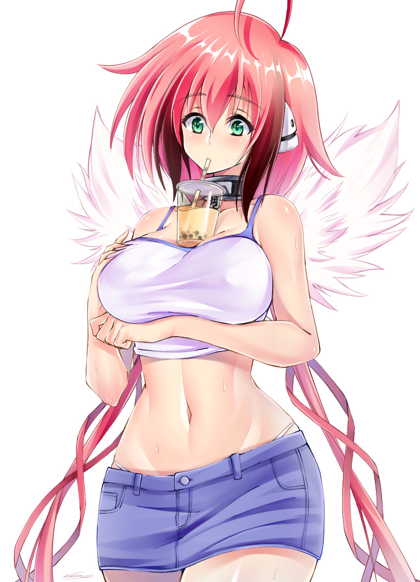 1girl absurdres ahoge arm_under_breasts bangs bare_shoulders blue_skirt breasts brown_hair bubble_tea bubble_tea_challenge chain collar collarbone covered_nipples crop_top cup deep_skin denim denim_skirt disposable_cup drinking drinking_straw eyebrows_visible_through_hair gradient_hair green_eyes groin hair_between_eyes hand_on_own_breast headgear highleg highleg_panties highres ikamochi_kalong ikaros large_breasts long_hair low_twintails metal_collar miniskirt multicolored_hair navel no_bra object_on_breast panties pink_hair shiny shiny_hair shiny_skin sidelocks signature simple_background skirt sora_no_otoshimono standing sweat twintails underwear very_long_hair white_background white_panties white_tank_top wide_hips wings
