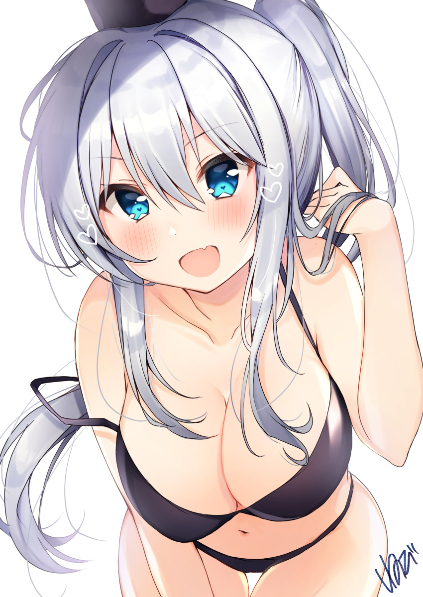 1girl :d absurdres bangs bare_shoulders bikini black_bikini blush breasts cleavage collarbone cowboy_shot eyebrows_visible_through_hair fang hair_between_eyes hand_up heart heart-shaped_pupils highres large_breasts leaning_forward long_hair looking_at_viewer mononobe_no_futo navel nenobi_(nenorium) open_mouth ponytail signature silver_hair simple_background skin_fang smile solo strap_slip swimsuit symbol-shaped_pupils touhou white_background