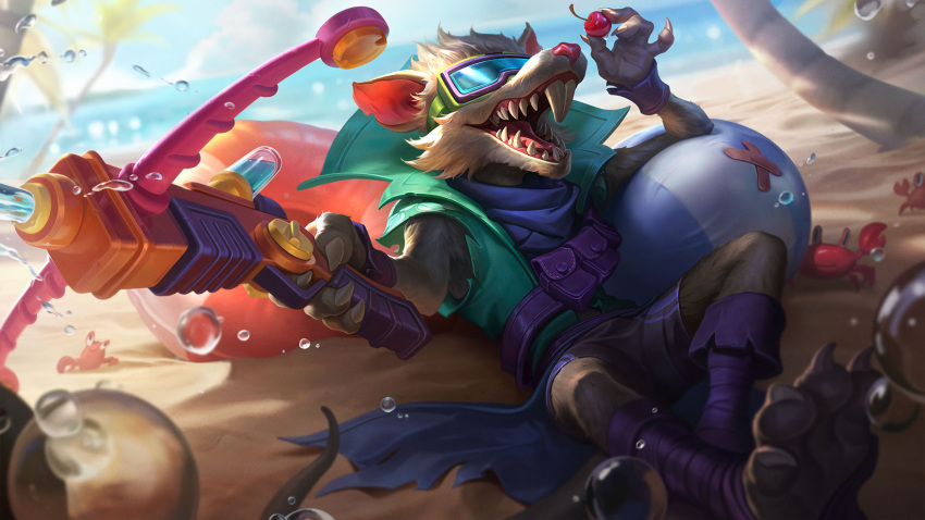 16:9 4_fingers ambient_arthropod ambient_crab ambient_crustacean ambient_sealife anthro ball barefoot beach beach_ball buckteeth cherry claws cloud day digital_media_(artwork) eyewear feet fingers food fruit fur goggles grey_body grey_fur hi_res holding_cherry holding_water_gun inflatable inner_tube league_of_legends lying male mammal murid murine official_art on_back open_mouth outside palm_tree plant pouch_(clothing) rat riot_games rodent sand smile solo teeth tencent tree twitch_(lol) water widescreen yuyu_wong