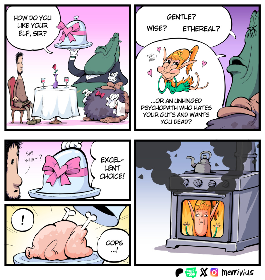 alcohol appliance bald beard beverage big_nose black_beard black_facial_hair black_hair blush blush_stickers bow_tie chicken_meat clothing comic container crown cup dialogue dinner dinner_table dress drinking_glass dwarf dwarf_(merrivius) elf elf_(merrivius) elf_comic english_text eyebrows eyelashes facial_hair female food glass glass_container glass_cup green_body green_clothing green_dress green_ears green_skin group hair headgear heart_symbol hi_res human human_(merrivius) humanoid_pointy_ears humor kitchen_appliance light_body light_skin long_hair male mammal meat merrivius misunderstanding orange_hair orc orc_(merrivius) oven pink_bow_tie pointy_ears ponytail purple_beard purple_facial_hair short_hair simple_eyes smoke tan_body tan_skin text tiara wine wine_glass