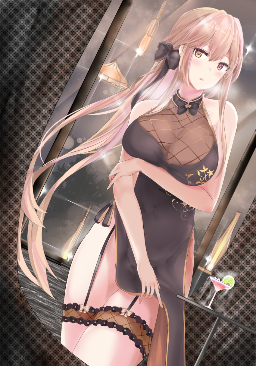 1girl :o alternate_costume arm_under_breasts bangs bare_shoulders black_dress black_ribbon blonde_hair blush breasts china_dress chinese_clothes cocktail cocktail_glass cup dress drinking_glass eyebrows_visible_through_hair girls_frontline glint gloves hair_ribbon highres indoors light long_hair looking_at_viewer night ots-14_(girls_frontline) pelvic_curtain reflection ribbon ru_zhai sidelocks sleeveless solo table very_long_hair window yellow_eyes