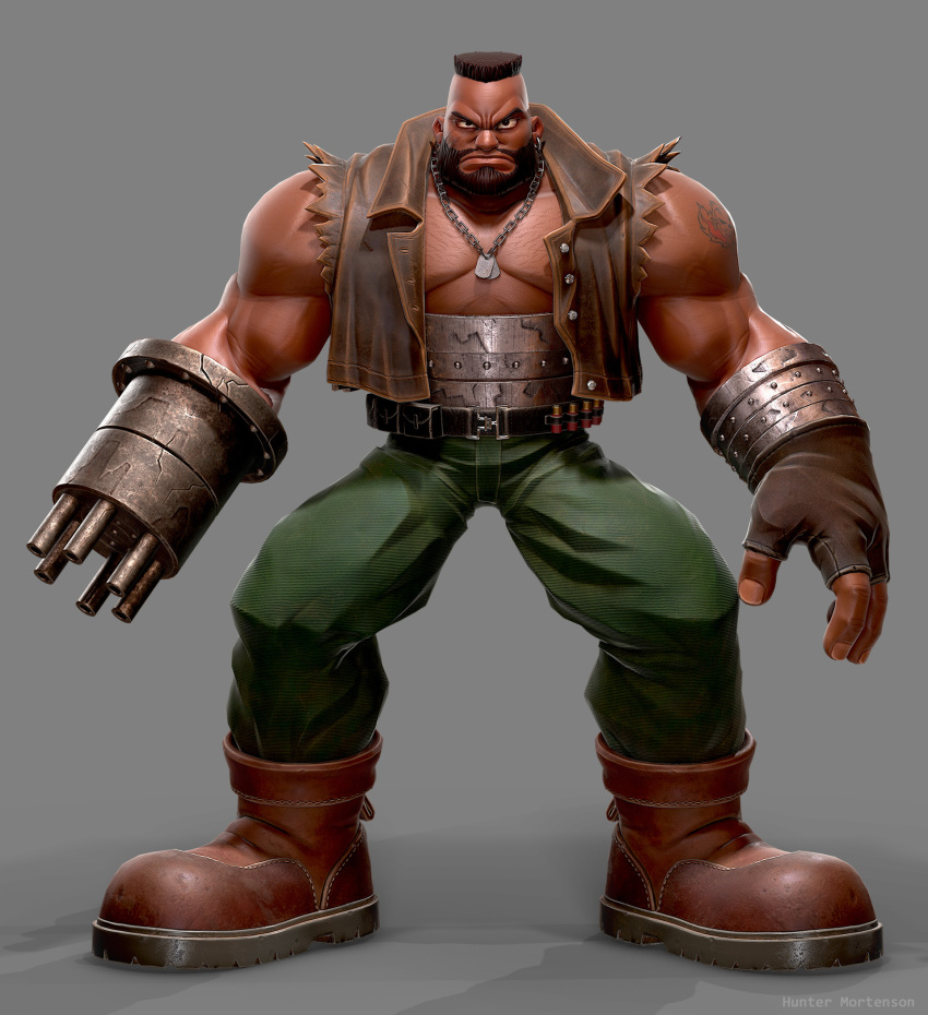 1boy 3d 3d_(artwork) abs arm_cannon barret_wallace belt belt_buckle black_hair boots dark_skin dark_skinned_male dog_tags eyebrows facial_hair final_fantasy final_fantasy_vii fingerless_gloves hair human hunter_mortenson looking_at_viewer male male_focus muscles muscular muscular_male necklace pants solo solo_focus square_enix tattoo weapon