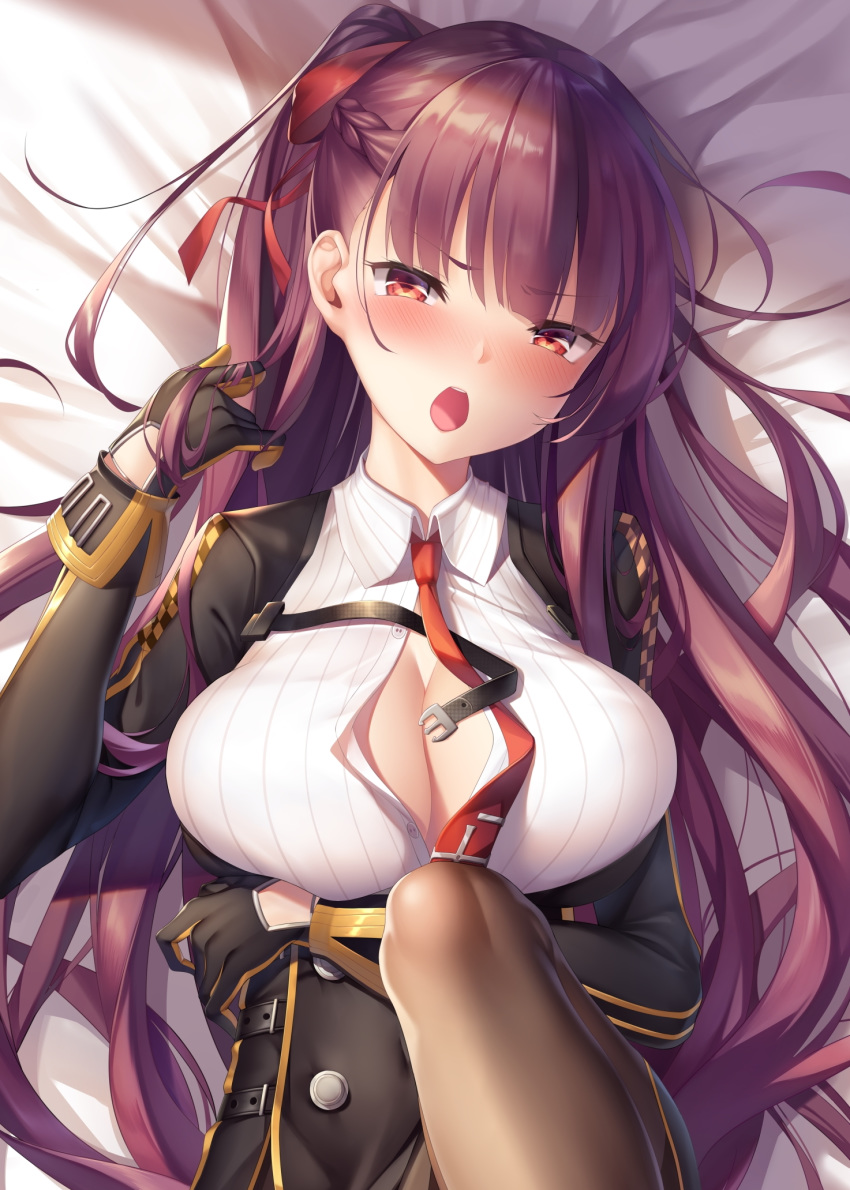 1girl arm_under_breasts bangs black_gloves black_skirt braid breast_hold breasts brown_legwear cleavage collared_shirt commentary_request dress_shirt eyebrows_visible_through_hair framed_breasts french_braid girls_frontline gloves half_updo high-waist_skirt highres long_hair necktie no_bra one_side_up open_mouth pantyhose pupupu_(1053378452) purple_hair red_eyes red_neckwear red_ribbon ribbon shirt skirt solo tsurime unbuttoned unbuttoned_shirt upper_teeth wa2000_(girls_frontline) white_shirt wing_collar