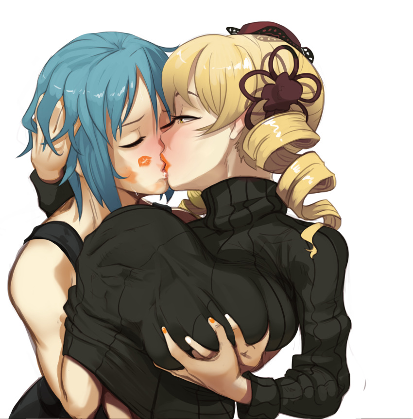 2girls black_sweater blonde_hair blue_hair breast_grab breast_lift breasts casual closed_eyes commission deep_skin drill_hair grabbing grabbing_from_behind groping guided_breast_grab hair_ornament hairpin half-closed_eyes hand_in_another's_hair hand_under_clothes highres huge_breasts kiss lipstick lipstick_mark mahou_shoujo_madoka_magica makeup miki_sayaka multiple_girls orange_lipstick polyle saliva short_hair sweater tank_top tomoe_mami turtleneck turtleneck_sweater twin_drills unaligned_breasts white_background yellow_eyes yuri