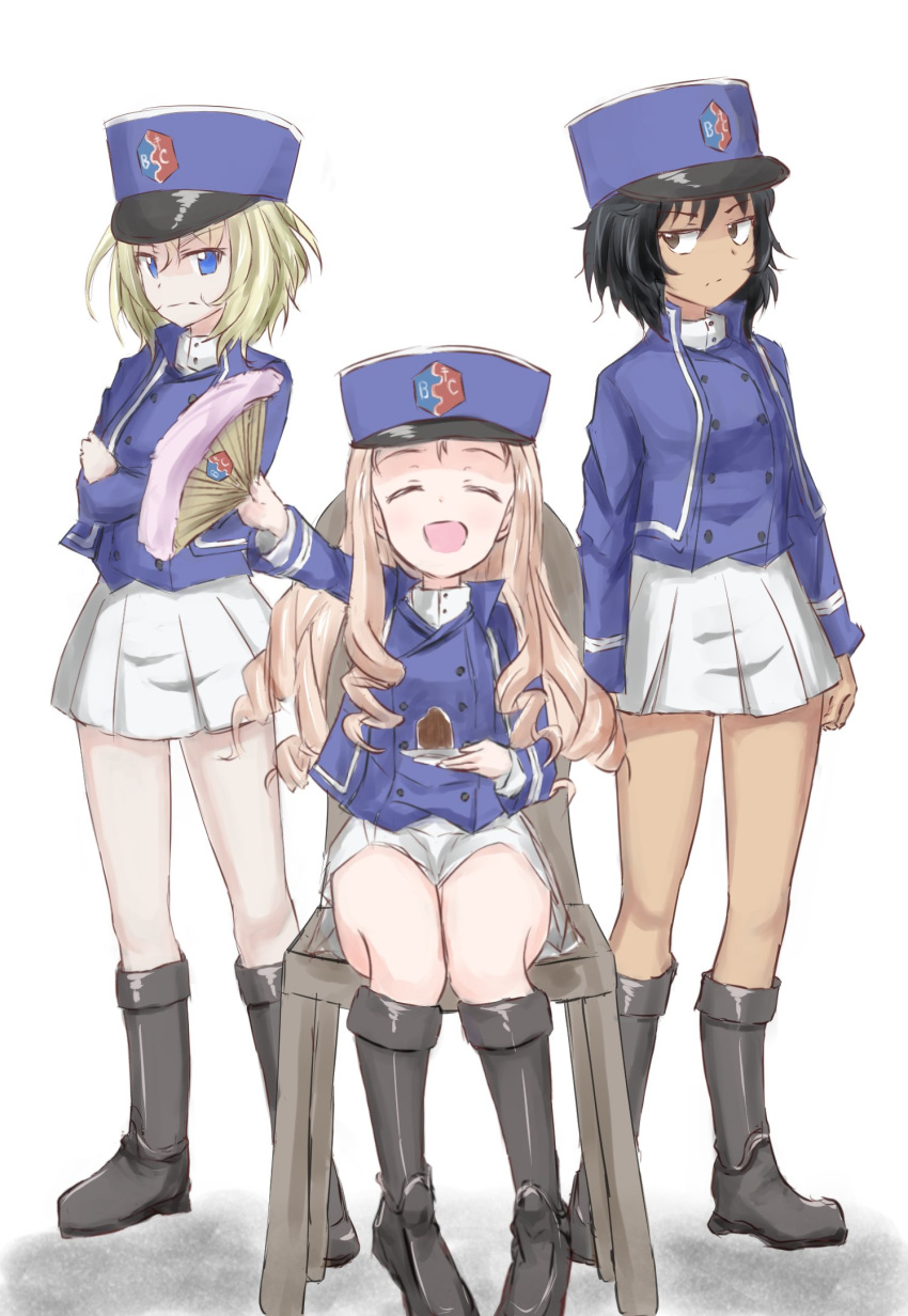 3girls andou_(girls_und_panzer) bc_freedom_(emblem) bc_freedom_military_uniform black_footwear black_hair blonde_hair blue_eyes blue_headwear blue_jacket blue_vest boots brown_eyes closed_eyes dark_skin drill_hair emblem fan folding_fan full_body girls_und_panzer hat highres holding holding_fan jacket knee_boots long_hair long_sleeves marie_(girls_und_panzer) medium_hair messy_hair military_hat multiple_girls munisuke_(zrkt7883) open_mouth oshida_(girls_und_panzer) pleated_skirt shako_cap simple_background sitting skirt vest white_background white_skirt