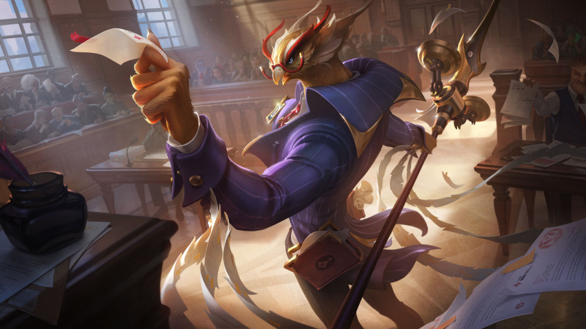 16:9 anthro avian azir_(lol) beak bird brown_body courtroom detailed_background digital_media_(artwork) eyewear female furniture glasses group hi_res holding_melee_weapon holding_object holding_paper holding_polearm holding_spear holding_weapon human inside lawyer league_of_legends male mammal melee_weapon official_art open_mouth paper polearm red_eyewear red_glasses riot_games solo_focus spear table tencent weapon widescreen window yuyu_wong