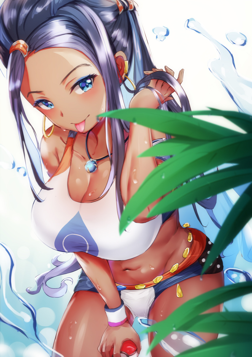 1girl :p absurdres armlet belly_chain black_hair blue_eyes blue_hair breasts cleavage dark_skin earrings eric_(pixiv9123557) glint gloves hair_bun has_downscaled_revision highres holding holding_poke_ball hoop_earrings jewelry long_hair looking_at_viewer multicolored_hair navel necklace poke_ball poke_ball_(generic) pokemon pokemon_(game) pokemon_swsh rurina_(pokemon) single_glove solo swimsuit tankini tongue tongue_out two-tone_hair wet