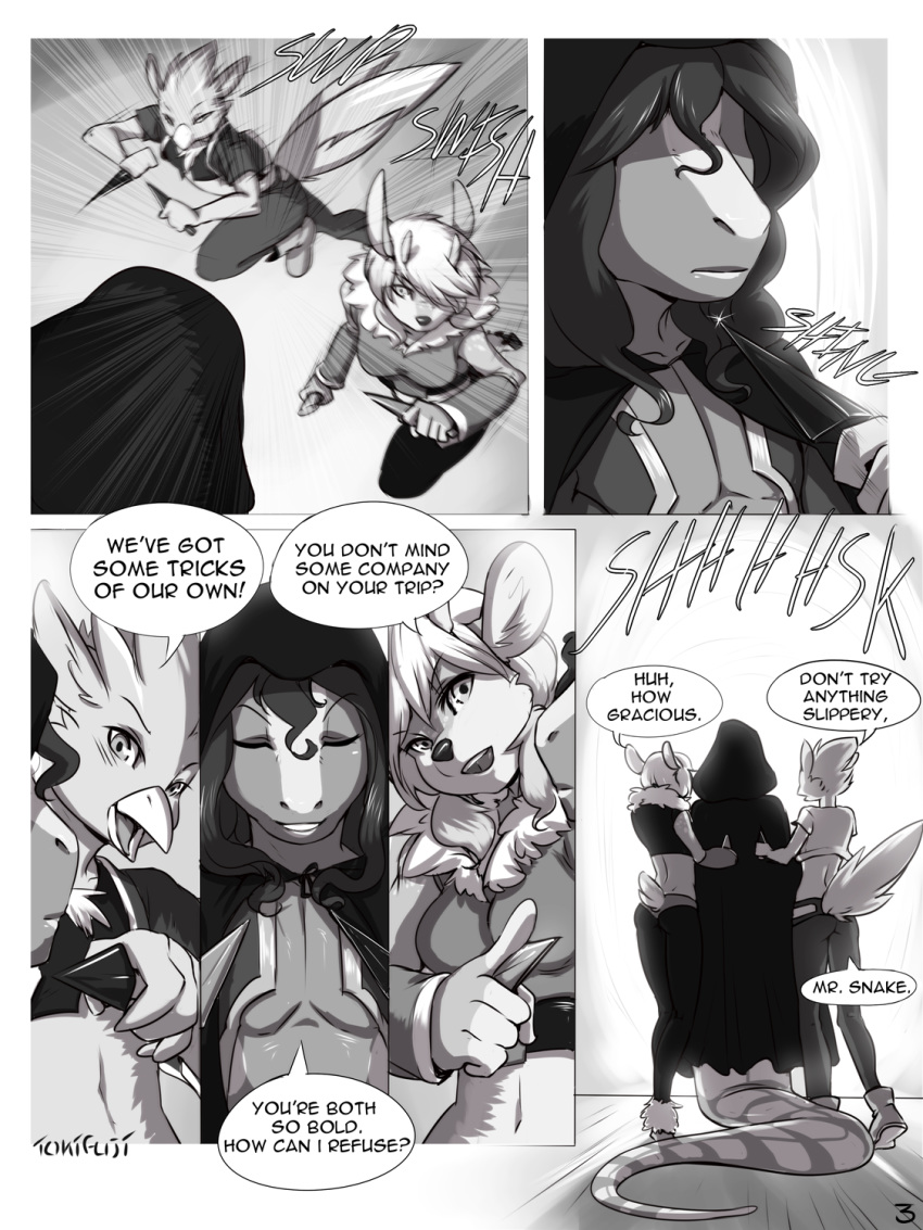 2012 3:4 anthro avian bird cervid comic dagger dirk english_text female greyscale group halla hi_res kidnapping magic male mammal melee_weapon monochrome naga nekra reptile scalie snake text tokifuji weapon