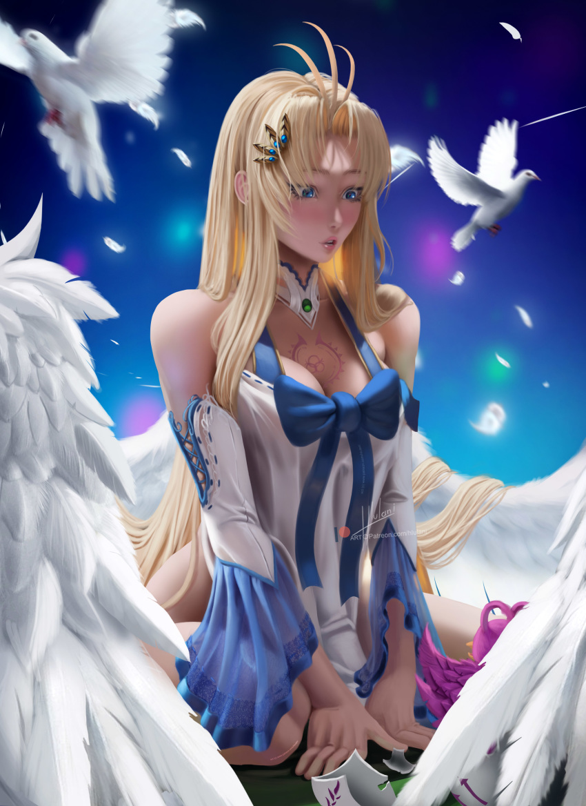 1girl absurdres ahoge angel_wings bangs bare_shoulders bird blonde_hair blue_bow blue_eyes blush bow breasts cleavage detached_collar detached_sleeves dove dress english_commentary falling_feathers feathered_wings firo_(tate_no_yuusha_no_nariagari) hair_ornament highres hlulani large_breasts long_hair long_sleeves older open_mouth parted_bangs parted_lips pinup sitting solo spread_legs tate_no_yuusha_no_nariagari tattoo very_long_hair white_wings wide_sleeves wings