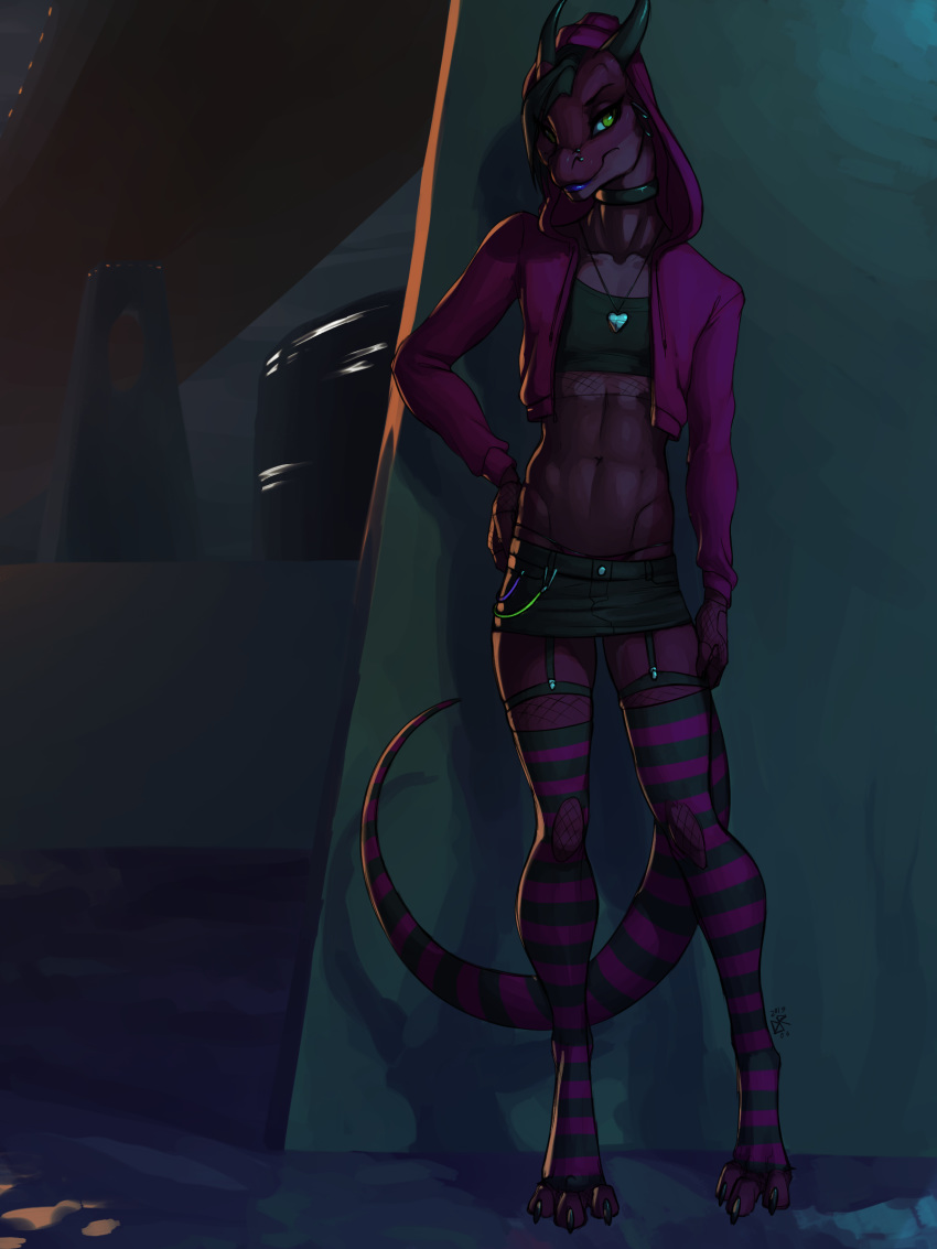 3:4 abs absurd_res anthro clothed clothing crossdressing garter_straps girly hi_res horn jewelry ldr legwear lizard looking_at_viewer makeup male necklace pattern_clothing pattern_legwear reptile scalie skimpy solo striped_clothing striped_legwear stripes thigh_highs
