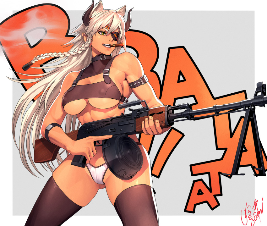 1girl animal_ears armband blonde_hair border braid breasts cat_ears cigar cleavage covered_nipples cowboy_shot crop_top eyepatch green_eyes grey_background gun highres horns large_breasts light_machine_gun long_hair machine_gun ogami original rpk single_braid solo sound_effects thighhighs underboob weapon white_bikini_bottom white_border