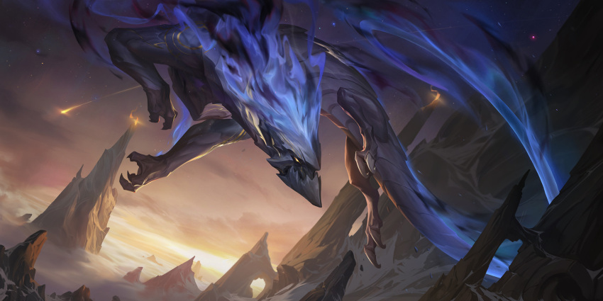 2:1 ambiguous_gender blue_body claws cloud detailed_background digital_media_(artwork) dragon dutch_angle feral flying hi_res jack_hsu jiunn_kuo league_of_legends legends_of_runeterra meteor mountain mythological_creature mythological_scalie mythology official_art outside riot_games scalie snow solo tail tencent yuyu_wong