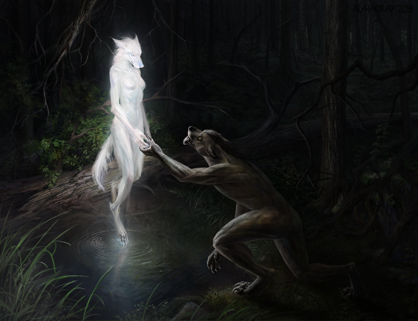 2019 4_toes 5_fingers alaiaorax amazing_background anthro breasts canid canine canis detailed_background digitigrade duo female fur hi_res levitating male mammal night nude outside spirit standing toes were werecanid werecanine werewolf white_fur wolf yellow_eyes