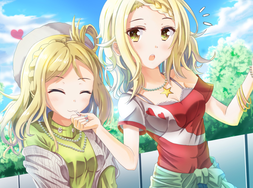 2girls :3 blonde_hair bracelet candy closed_eyes food food_in_mouth gyaru hair_rings hat highres jewelry lollipop love_live! love_live!_school_idol_festival_all_stars love_live!_sunshine!! miyashita_ai multiple_girls nail_polish necklace ohara_mari open_mouth perfect_dream_project synn032 trait_connection