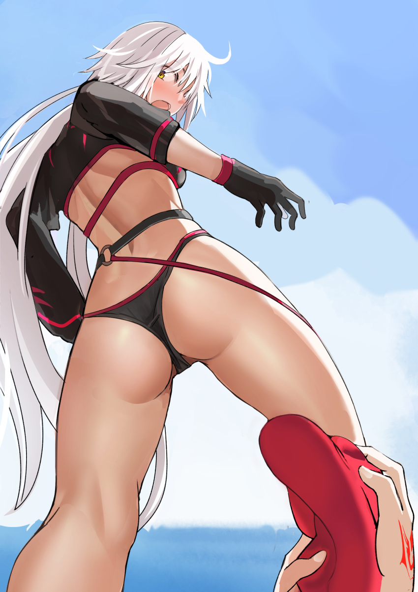 1girl ahoge ass ayakumo bikini black_bikini black_gloves black_jacket breasts cloud cloudy_sky commentary_request covered_clitoris cropped_jacket fate/grand_order fate_(series) from_below gloves highres jacket jeanne_d'arc_(alter_swimsuit_berserker) jeanne_d'arc_(fate)_(all) jeanne_d'arc_(swimsuit_archer) large_breasts long_hair o-ring o-ring_bikini o-ring_bottom o-ring_top ocean open_mouth red_legwear removing_legwear shrug_(clothing) silver_hair single_thighhigh sky swimsuit thighhighs very_long_hair white_hair yellow_eyes
