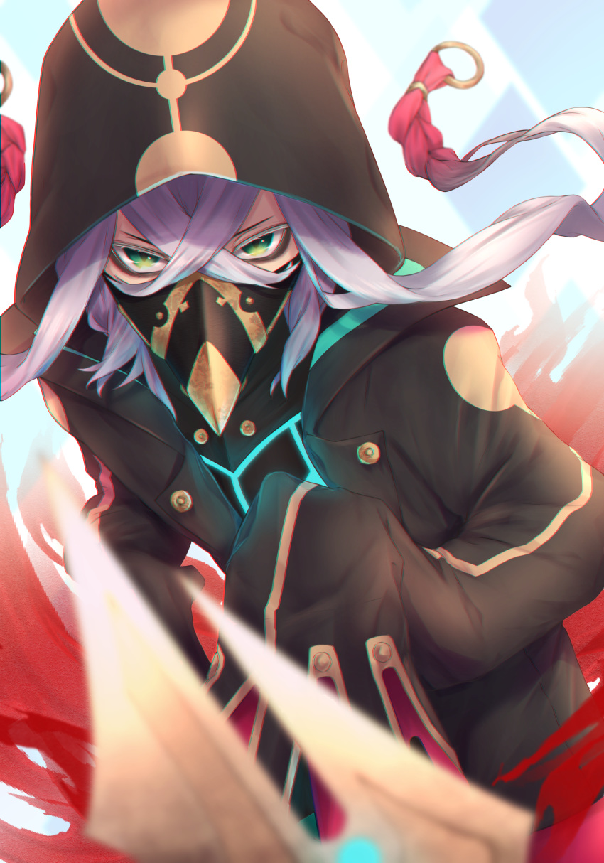 1boy absurdres asclepius_(fate/grand_order) black_jacket black_mask_(clothing) braid breastplate buttons commentary_request covered_mouth face_mask fate/grand_order fate_(series) gradient_hair green_eyes hair_between_eyes highres hood hood_up hooded_jacket hoodie jacket long_hair long_sleeves looking_at_viewer male_focus mask masked multicolored_hair open_clothes red_hair sleeves_past_fingers sleeves_past_wrists solo twin_braids two-tone_hair white_hair yuurei447