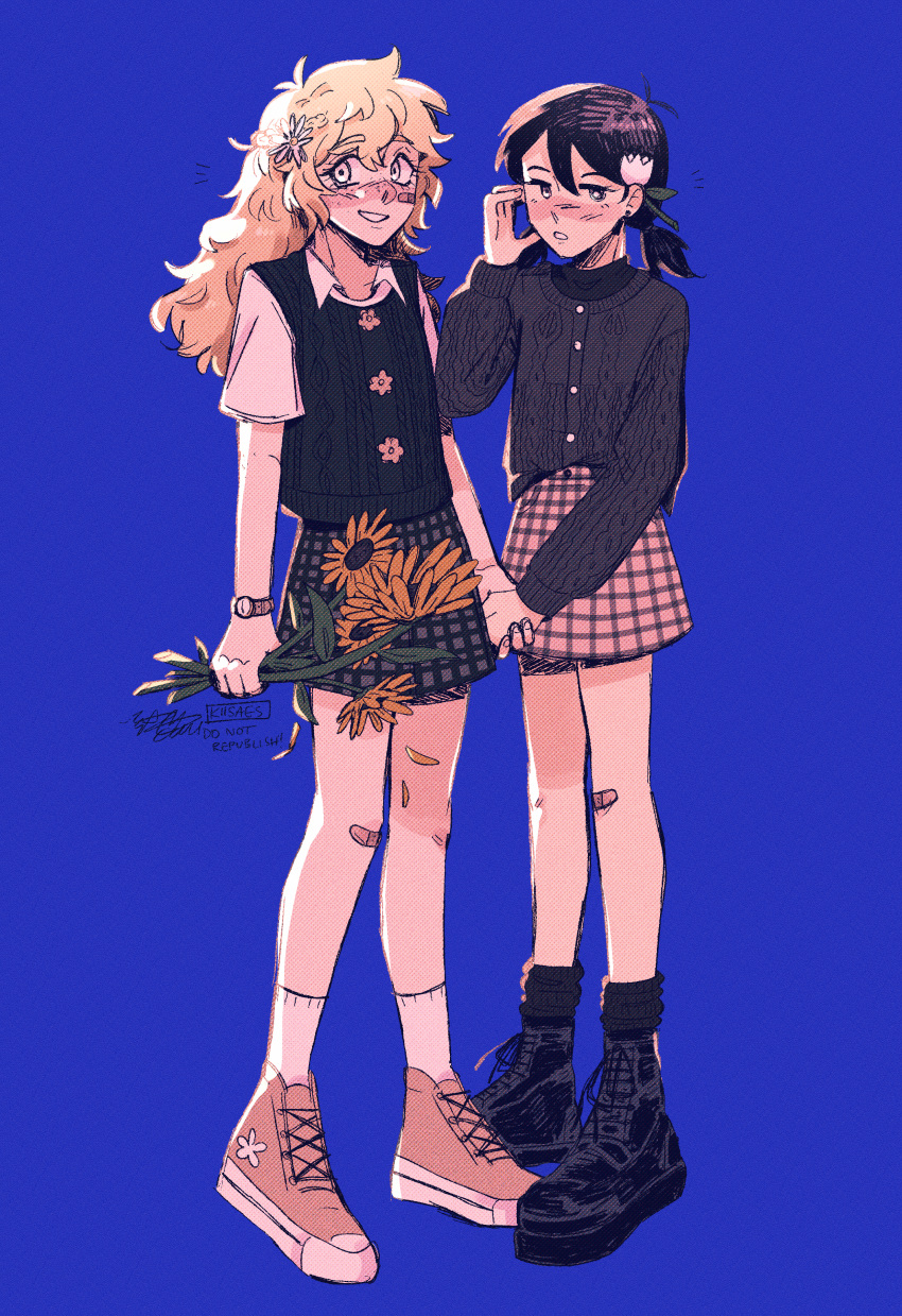 2girls absurdres antenna_hair artist_name bandaid bandaid_on_cheek bandaid_on_face bandaid_on_knee bandaid_on_leg basil_(faraway)_(omori) basil_(omori) black_shoes black_socks black_sweater blonde_hair blue_background blue_eyes blush bright_pupils brown_shoes collared_shirt commentary double-parted_bangs ear_piercing english_commentary flower freckles genderswap genderswap_(mtf) green_sweater_vest hair_between_eyes hair_flower hair_ornament highres holding_hands kiisaes long_hair long_sleeves looking_at_viewer low_twintails multiple_girls omori open_mouth piercing shirt shoes short_hair short_sleeves short_twintails simple_background smile socks standing sunny_(omori) sweater sweater_vest twintails white_pupils white_shirt white_socks yuri