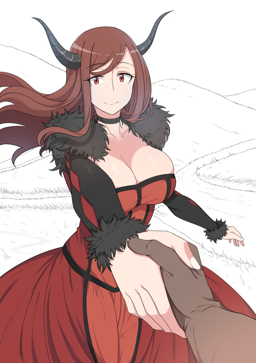 1girl breasts brown_hair cleavage dasei_67_percent demon_girl demon_horns dress fake_horns fur_trim highres holding_hands horns huge_breasts kook long_hair maou_(maoyuu) maoyuu_maou_yuusha monochrome_background pov red_eyes