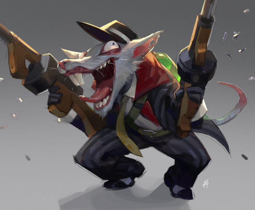 2025 anthro belt buckteeth bulging_eyes bullet clothing crime_city_twitch crouching fangs gangster grey_background gun hat headgear headwear hi_res holding_gun holding_object holding_ranged_weapon holding_weapon insane kgynh league_of_legends male mammal murid murine necktie pattern_clothing pinstripe_clothing pinstripe_suit ranged_weapon rat rat_tail riot_games rodent sharp_teeth shooting_gun simple_background solo striped_clothing stripes submachine_gun tail teeth tencent thompson_gun tongue tongue_out torn_ear twitch_(lol) weapon whiskers yelling