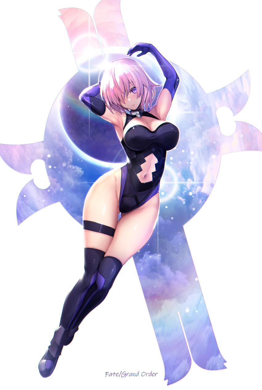 1girl armpits arms_up ass_visible_through_thighs blush bodysuit boots breasts cleavage cleavage_cutout closed_mouth commentary_request copyright_name curvy elbow_gloves fate/grand_order fate_(series) full_body gloves hair_over_one_eye highres large_breasts looking_at_viewer mash_kyrielight navel navel_cutout pink_hair purple_bodysuit purple_eyes purple_gloves purple_legwear shield short_hair simple_background solo thigh_boots thigh_strap thighhighs untsue white_background wide_hips