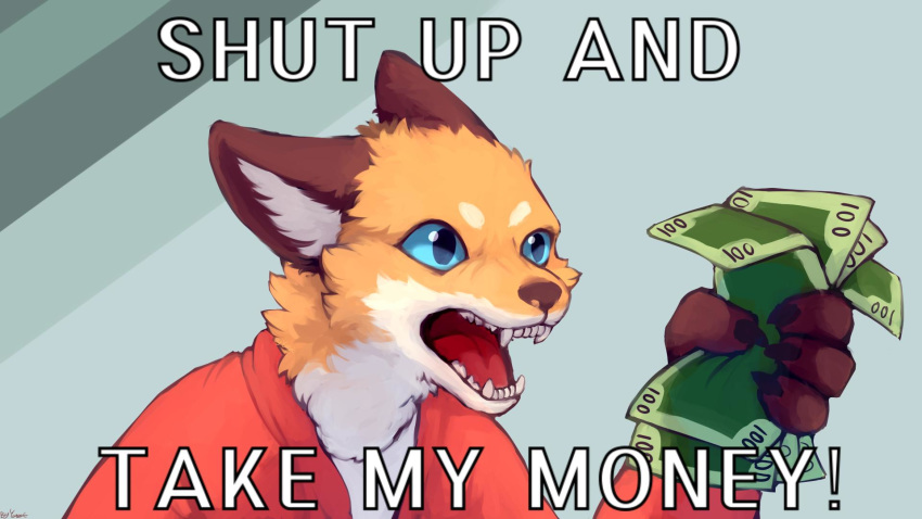 16:9 anthro black_fur black_nose blue_eyes canid canine cheek_tuft clothing color_fox comedy_central english_text fluffy fox fur fur_tuft futurama head_tuft hi_res inner_ear_fluff male mammal meme money open_mouth orange_fur philip_j._fry reaction_image red_clothing red_tongue shut_up_and_take_my_money solo tan_fur text tongue tuft