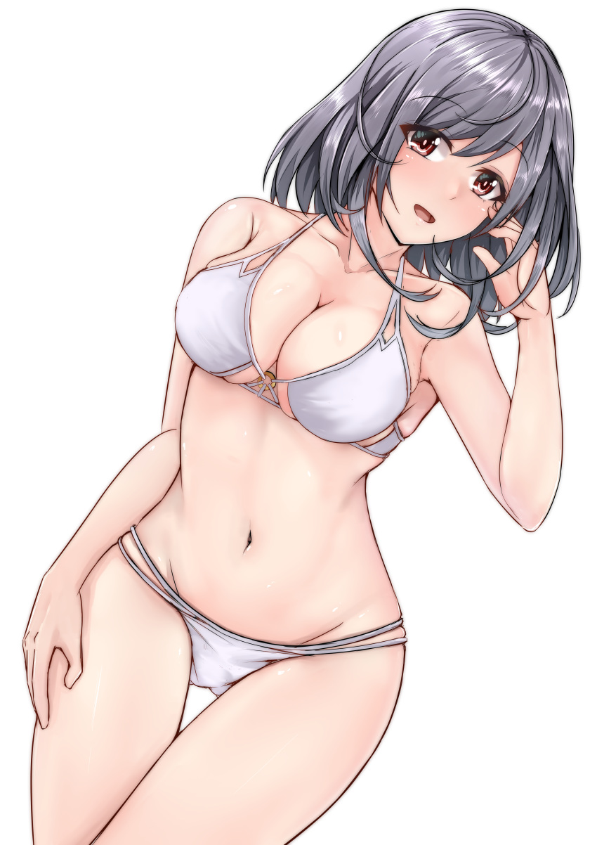 1girl absurdres ass_visible_through_thighs bikini black_hair breasts cleavage collarbone commentary_request groin highres kantai_collection large_breasts looking_at_viewer navel open_mouth shohei_(piranha5hk) short_hair simple_background solo standing swimsuit thigh_gap white_background white_bikini yamashiro_(kantai_collection)