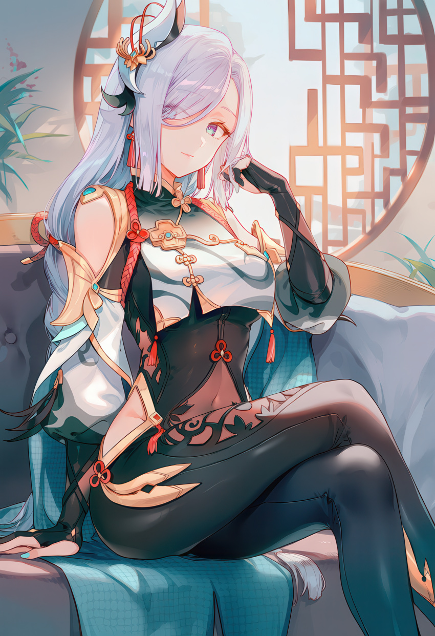 1girl absurdres ai-generated blue_eyes bodysuit braid breast_curtain breasts clothing_cutout commentary crossed_legs earrings english_commentary genshin_impact gloves hair_ornament hair_over_one_eye highres jewelry large_breasts long_hair looking_at_viewer shenhe_(genshin_impact) solo tassel thighs very_long_hair white_hair
