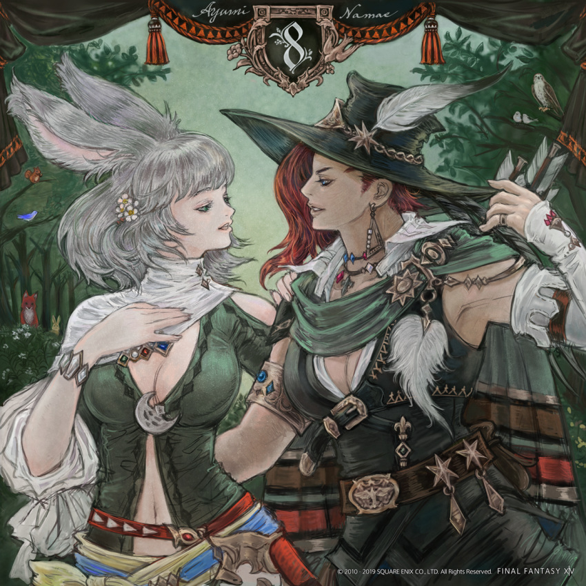 2girls animal_ears arm_around_waist armlet armpits arrow artist_name asymmetrical_arms bangs bard_(final_fantasy) bare_shoulders bird blue_eyes breasts bunny bunny_ears cape cleavage copyright copyright_name countdown day detached_sleeves earrings eye_contact final_fantasy final_fantasy_xiv flower fox green_eyes grey_hair hair_flower hair_ornament half-closed_eyes hand_on_another's_shoulder hand_on_own_chest hand_up hat hat_feather highres jewelry lips long_hair looking_at_another medium_hair multiple_girls navel necklace number official_art open_mouth outdoors parted_lips quiver red_hair ring roegadyn shirt stomach tree turtleneck upper_body vest viera