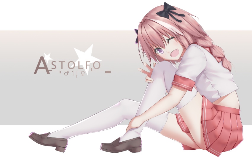 1boy ;d androgynous astolfo_(fate) black_bow black_footwear bow braided_ponytail character_name crop_top crossdressing fang fate/apocrypha fate_(series) hair_bow highres loafers long_hair looking_at_viewer midriff miniskirt nestea one_eye_closed open_mouth otoko_no_ko pink_hair pleated_skirt purple_eyes red_skirt school_uniform shirt shoes short_sleeves skirt smile solo thighhighs w white_legwear white_shirt zettai_ryouiki