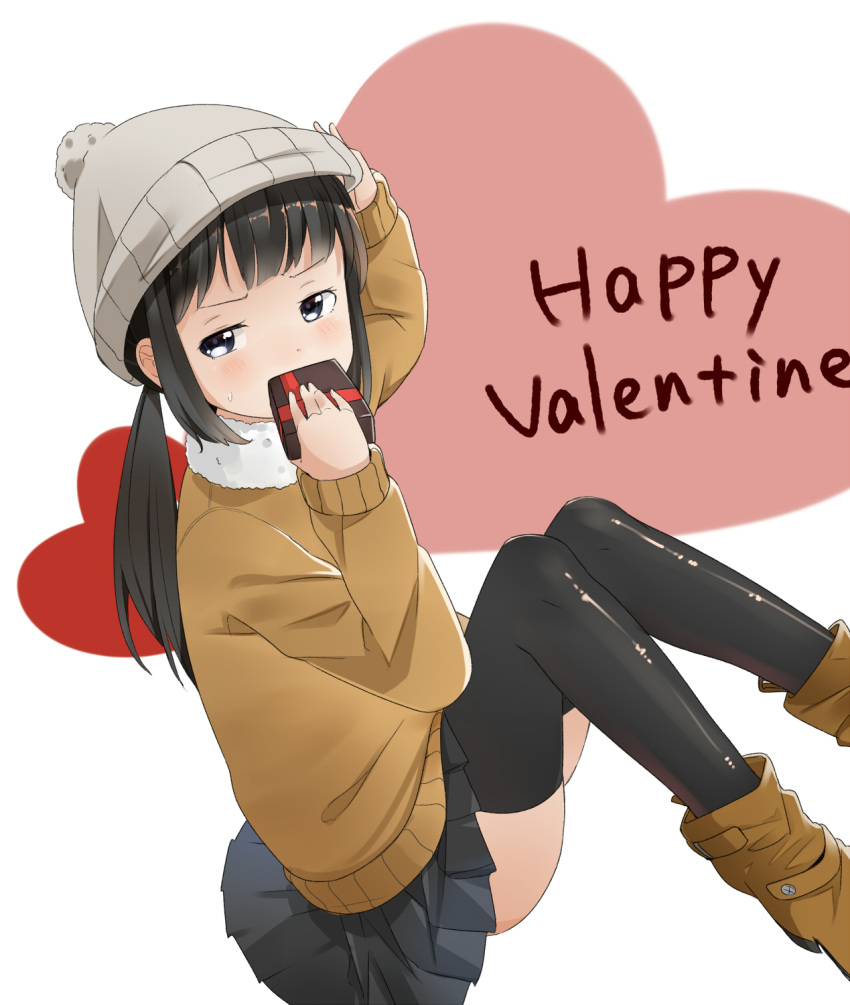 1girl beanie black_eyes black_hair black_skirt black_thighhighs blush boots brown_boots brown_sweater commentary_request english_text from_side fur-trimmed_sweater fur_trim grey_hat happy_valentine hat heart highres knees_up long_hair looking_at_viewer low_twintails original pa._(tatuya28001) pleated_skirt sidelocks sitting skirt solo sweat sweater thighhighs twintails valentine white_background