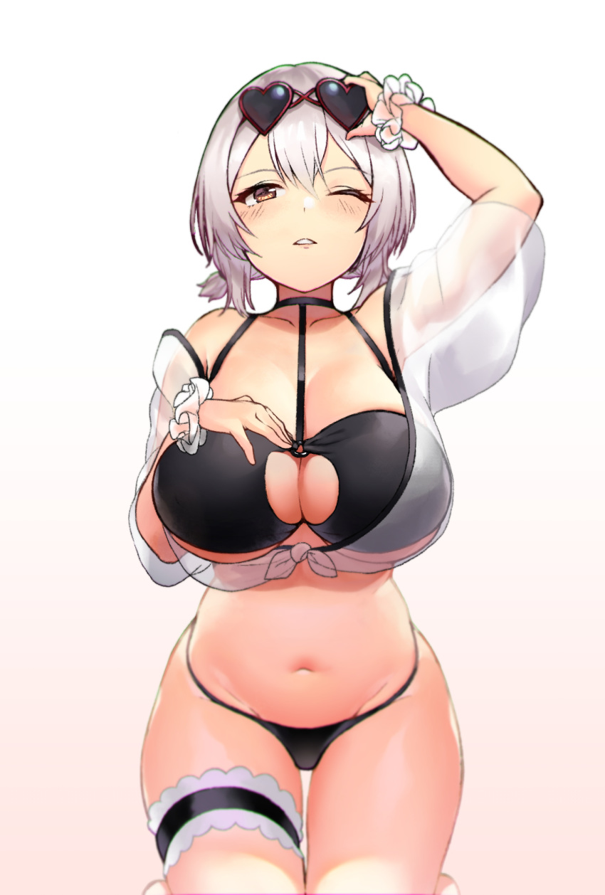 1girl alternate_costume azur_lane bangs bikini black_bikini blush breasts choker cleavage collarbone commentary_request eyebrows_visible_through_hair eyewear_on_head gradient gradient_background groin hair_between_eyes hand_on_own_chest hand_up heart heart-shaped_eyewear highres large_breasts leaning_forward looking_at_viewer navel o-ring o-ring_top okamen one_eye_closed parted_lips red_eyes scrunchie sheer_clothes short_hair sirius_(azur_lane) sirius_(midsummer_seirios)_(azur_lane) solo sunglasses swimsuit thigh_strap white_hair wrist_scrunchie