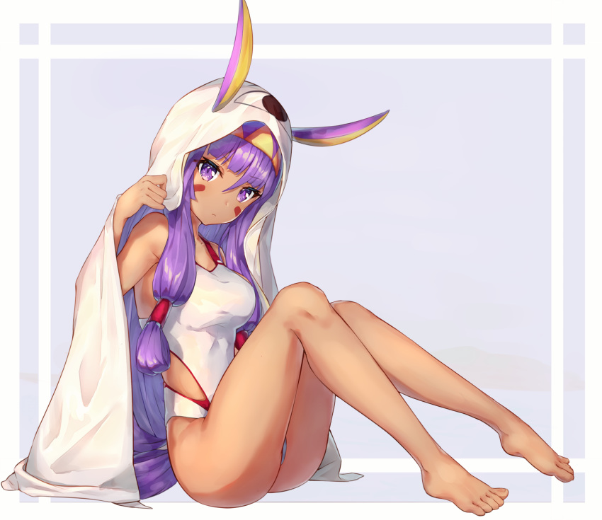 1girl animal_ears ass bare_legs bare_shoulders barefoot blanket breasts closed_mouth competition_swimsuit dark_skin facial_mark fate/grand_order fate_(series) feet full_body highres knees_up large_breasts long_hair looking_at_viewer mishuo_(misuo69421) nitocris_(fate/grand_order) one-piece_swimsuit purple_eyes purple_hair sitting solo swimsuit thighs toes very_long_hair white_swimsuit