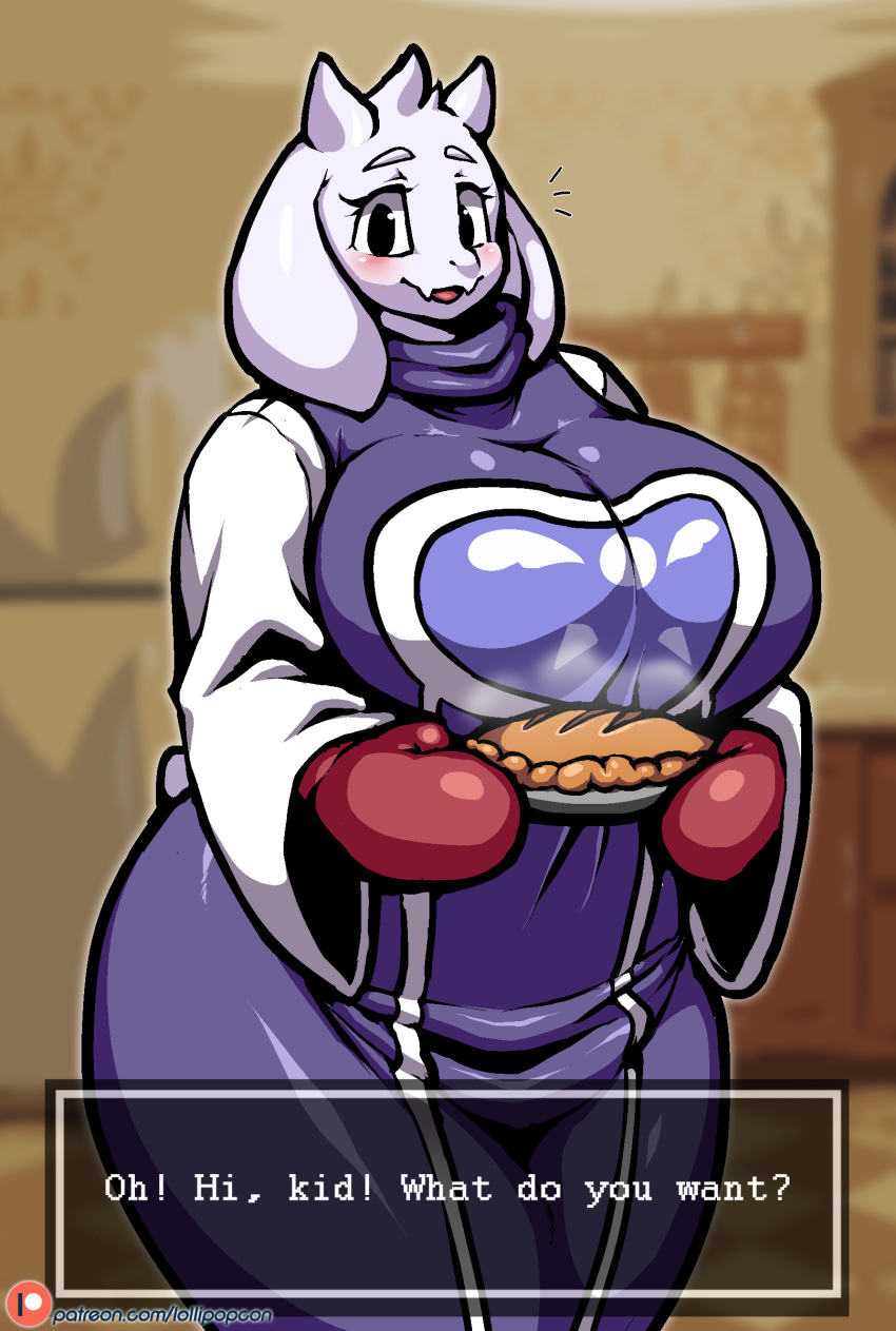 anthro big_breasts blush boss_monster bovid breasts caprine clothed clothing delta_rune female floppy_ears food fur hi_res horn huge_breasts lollipopcon looking_at_viewer mammal pie solo text toriel undertale video_games voluptuous white_fur