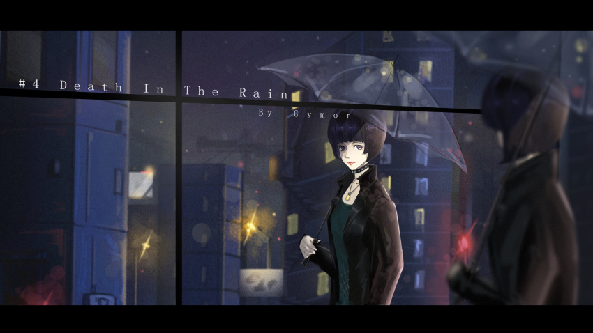 1girl bangs black_hair black_jacket black_shirt blunt_bangs bob_cut choker collarbone from_side gy_(artist) highres holding holding_umbrella jacket jewelry long_sleeves necklace open_clothes open_jacket persona persona_5 shirt short_hair solo takemi_tae transparent transparent_umbrella umbrella