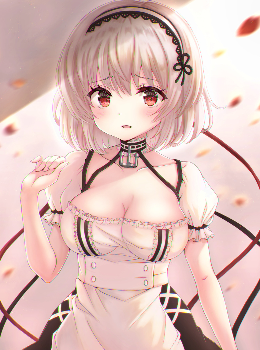 1girl absurdres apron azur_lane blurry blush breasts cleavage collarbone frown hand_up headdress highres large_breasts looking_at_viewer maid maid_apron parted_lips red_eyes sakuraume short_hair short_sleeves silver_hair sirius_(azur_lane) solo upper_body