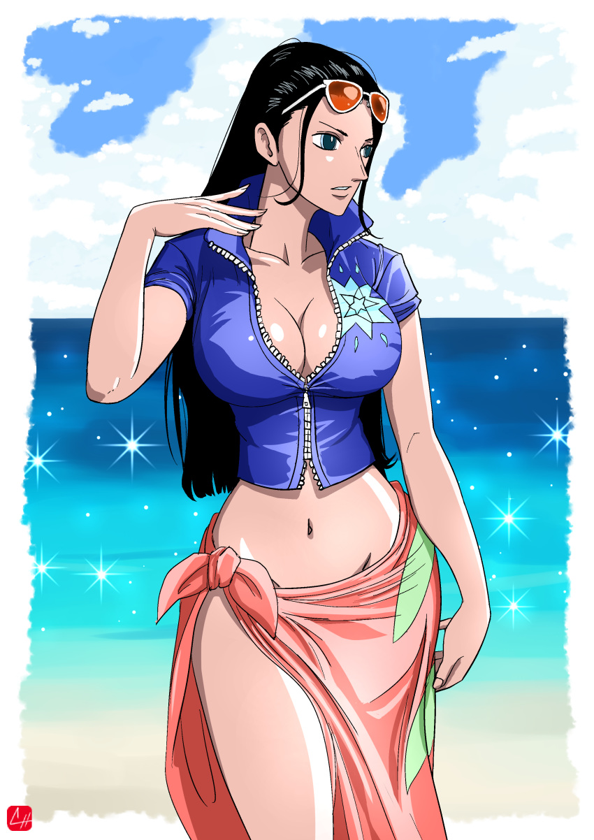 1girl absurdres beach black_hair blue_eyes blue_jacket breasts chris_re5 collarbone cowboy_shot day eyewear_on_head groin highres jacket large_breasts long_hair looking_to_the_side midriff navel nico_robin one_piece open_clothes open_jacket orange-tinted_eyewear outdoors parted_lips partially_unzipped sarong shiny shiny_skin short_sleeves solo sparkle standing stomach straight_hair sunglasses very_long_hair white-framed_eyewear