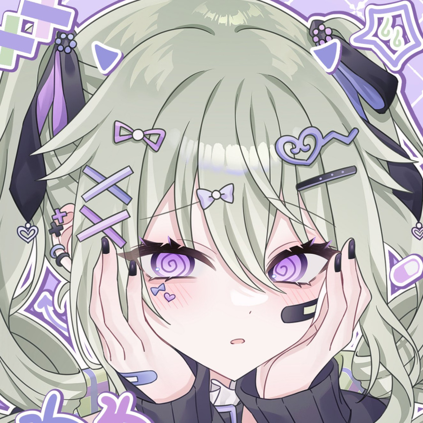 1girl @_@ aegyo_sal bandaid bandaid_on_cheek bandaid_on_face bandaid_on_hand black_bow black_collar black_hoodie black_nails blue_bow blush bow close-up collar commentary_request demon_horns demon_tail double-parted_bangs drawn_horns drawn_tail ear_piercing eyes_visible_through_hair facial_mark frilled_collar frills green_hair green_hood hair_between_eyes hair_ornament hands_on_own_cheeks hands_on_own_face hands_up heart heart_facial_mark heart_hair_ornament highres hood hoodie horns korean_commentary kusanagi_nene long_hair long_sleeves looking_at_viewer nail_polish open_mouth outline pale_skin piercing pill pink_horns plaid_hood portrait project_sekai puffy_long_sleeves puffy_sleeves purple_background purple_bow purple_eyes purple_horns raised_eyebrows simple_background solo spoken_sweatdrop sweatdrop tail touyu_1210 twintails two-tone_bow white_outline x_hair_ornament