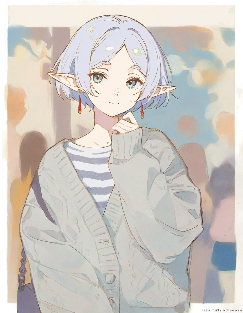 1girl ai-generated alternate_hair_length alternate_hairstyle aqua_eyes closed_mouth commentary_request earrings eyelashes frieren grey_jacket hashtag-only_commentary highres jacket jewelry lilium_(lilydisease) long_sleeves pointy_ears shirt short_hair smile solo sousou_no_frieren striped_clothes striped_shirt upper_body white_hair