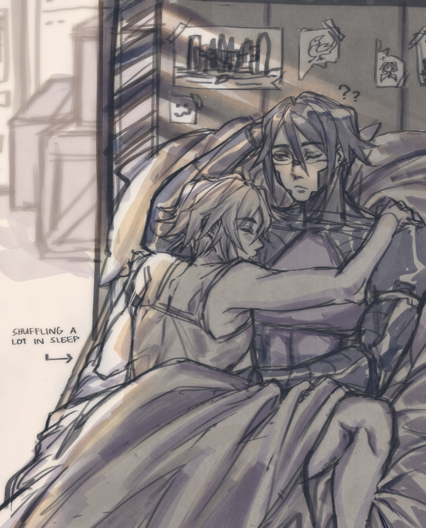2girls ? ?? android ariane_yeong arrow_(symbol) closed_eyes cuddling drawing_(object) elster_(signalis) english_text from_above hashtag-only_commentary highres looking_at_another monochrome multiple_girls one_eye_closed short_hair signalis sketch skin_seams sleeping strixzstx under_covers yuri