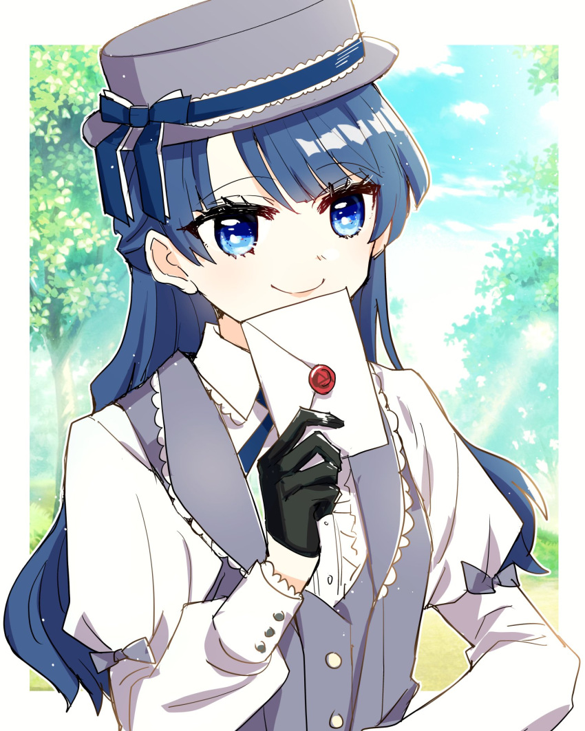 1girl black_gloves blue_eyes blue_hair blue_ribbon blue_sky border center_frills closed_mouth cloud collared_shirt commentary_request day envelope frilled_shirt frills gloves grey_hat grey_vest haikei_mirai_no_kimi_e_(love_live!) half_gloves half_updo hat hat_ribbon highres holding holding_envelope kanduki_kamibukuro link!_like!_love_live! long_sleeves looking_at_viewer love_live! murano_sayaka outdoors outside_border ribbon shirt sky smile solo upper_body vest virtual_youtuber white_border white_shirt